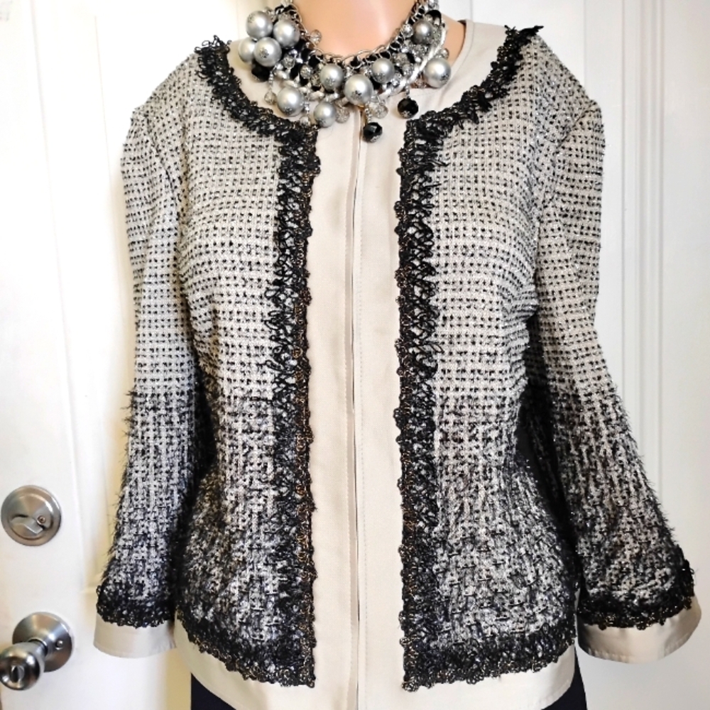 St John Couture Boucle Eyelash Black Silver Silk Metallic Knit Skirt Suit 12 14 - Picture 10 of 13